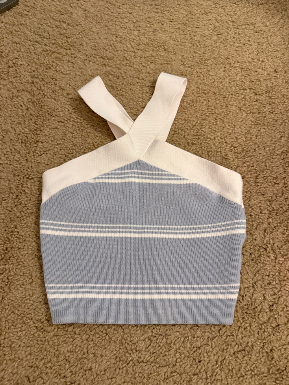 Babaton Light Blue and White Striped Crop Top